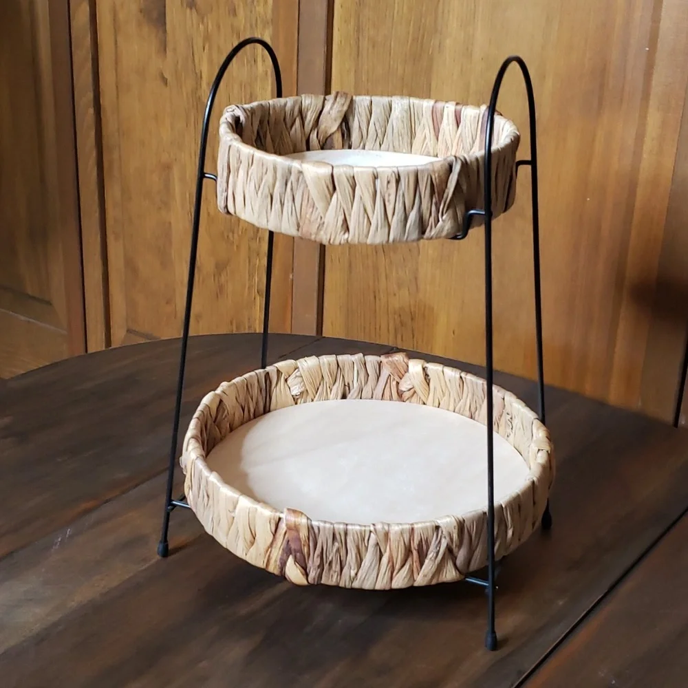 Tiered Woven Rattan Metal Tray Stand